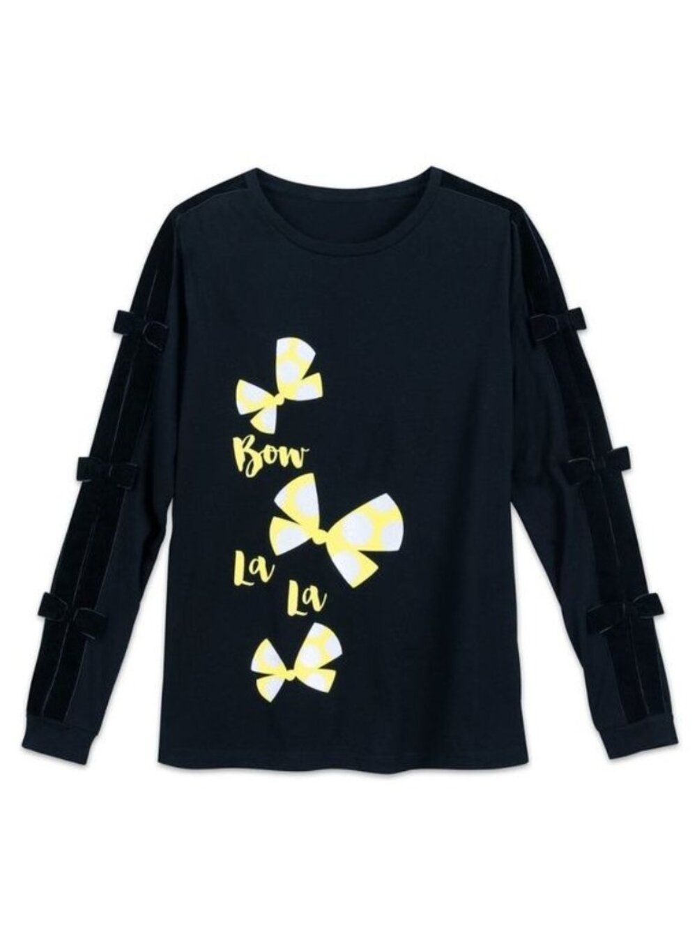 Disney Minnie Mouse Blouse Bow La La Shirt Velvet Trim Long Slit Sleeve Top